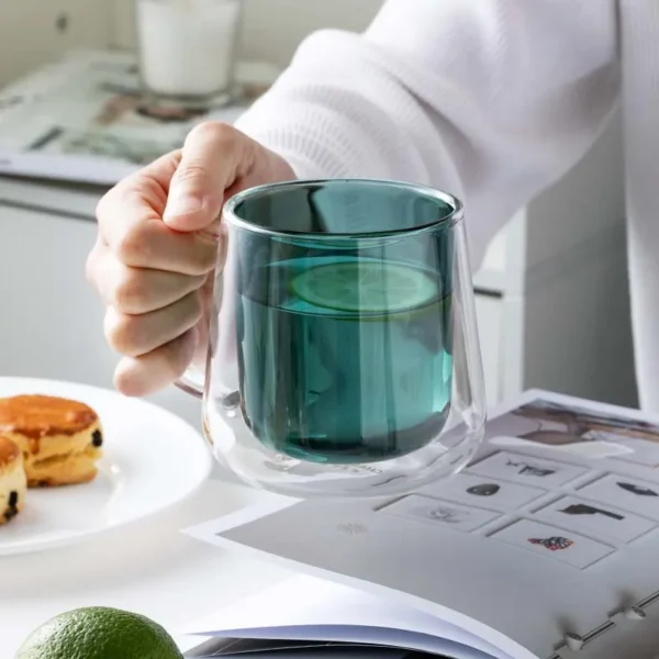 Custom Double Wall Glasses Coffee Cup Borosilicate Green Heat Resistant Colored Glass Mug - Image 3