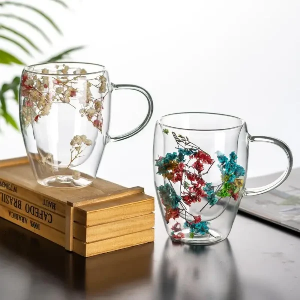 Custom Flower Glass Coffee Cup Gift 330ml Color Borosilicate Double Layer Heat Resistant Double Wall Glass Mug - Image 5
