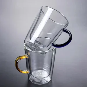 Custom Double Wall Glasses Coffee Cup Borosilicate 280ml Heat Resistant Colored Handle Glass Mug