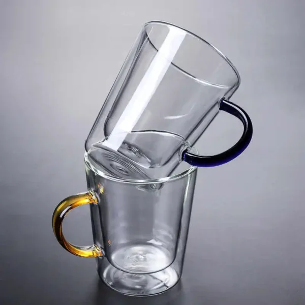 Custom Double Wall Glasses Coffee Cup Borosilicate 280ml Heat Resistant Colored Handle Glass Mug