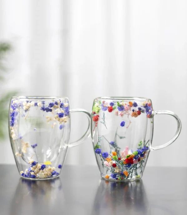 Custom Flower Glass Coffee Cup Gift 330ml Color Borosilicate Double Layer Heat Resistant Double Wall Glass Mug - Image 3