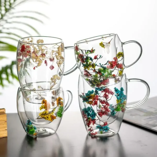 Custom Flower Glass Coffee Cup Gift 330ml Color Borosilicate Double Layer Heat Resistant Double Wall Glass Mug - Image 2