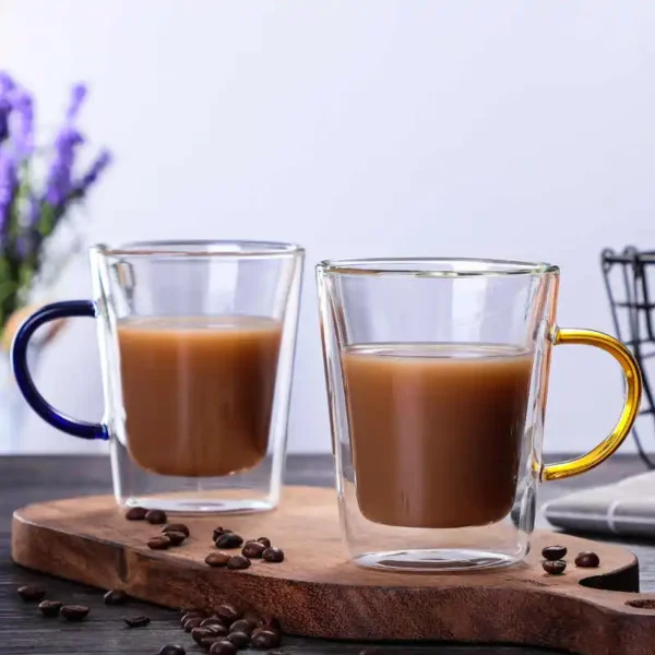 Custom Double Wall Glasses Coffee Cup Borosilicate 280ml Heat Resistant Colored Handle Glass Mug - Image 4