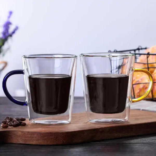 Custom Double Wall Glasses Coffee Cup Borosilicate 280ml Heat Resistant Colored Handle Glass Mug - Image 2