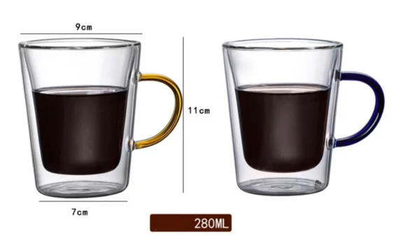 Custom Double Wall Glasses Coffee Cup Borosilicate 280ml Heat Resistant Colored Handle Glass Mug - Image 6