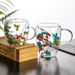 Custom Flower Glass Coffee Cup Gift 330ml Color Borosilicate Double Layer Heat Resistant Double Wall Glass Mug