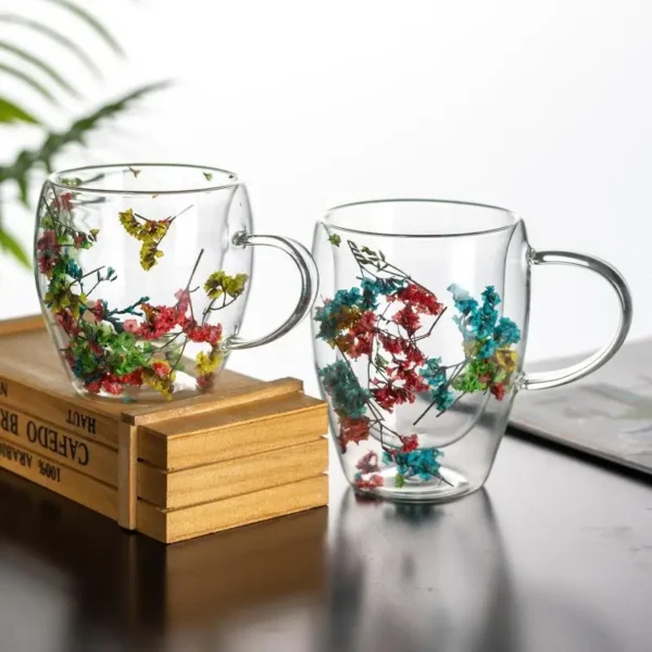 Custom Flower Glass Coffee Cup Gift 330ml Color Borosilicate Double Layer Heat Resistant Double Wall Glass Mug