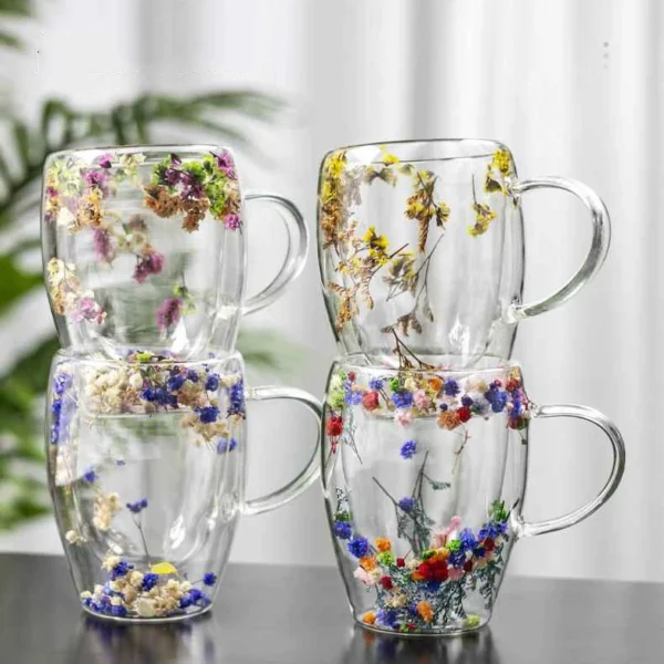 Custom Flower Glass Coffee Cup Gift 330ml Color Borosilicate Double Layer Heat Resistant Double Wall Glass Mug - Image 4