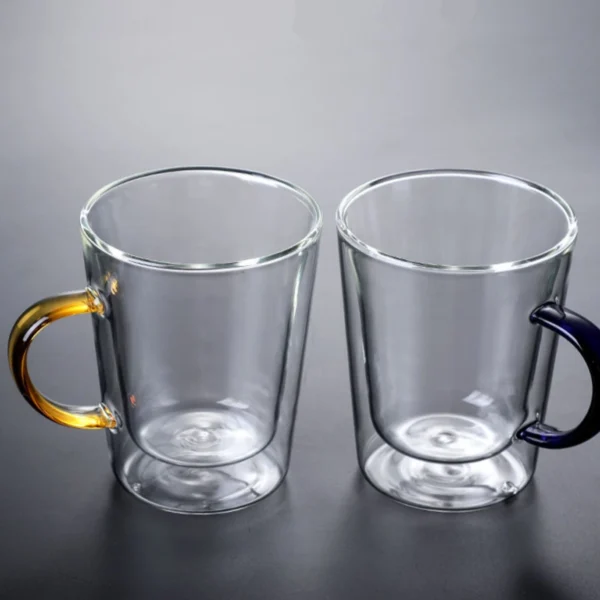 Custom Double Wall Glasses Coffee Cup Borosilicate 280ml Heat Resistant Colored Handle Glass Mug - Image 3